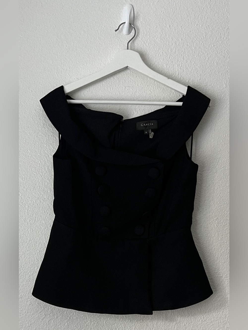 Gracia Black Off The Shoulder Dress Top with Double Breasted Buttons Size M